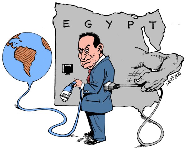 Carlos Latuff banner - Mubarak shuts down Internet! #Egypt will shut down Mubarak!